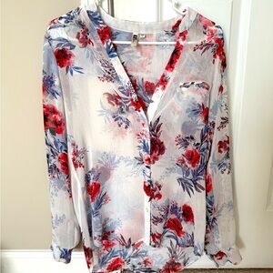 Kut from the Kloth White Sheer Blouse with Red and Blue Floral Print